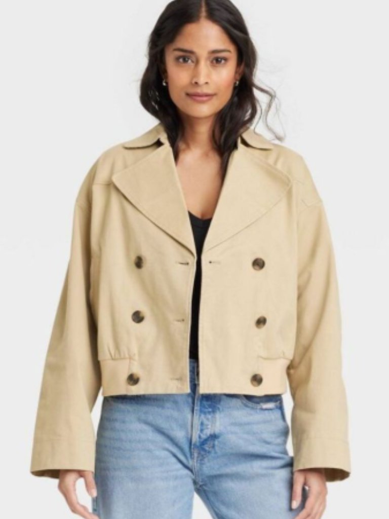 Women's Long Sleeve Cropped Trench Coat Tan/Khaki